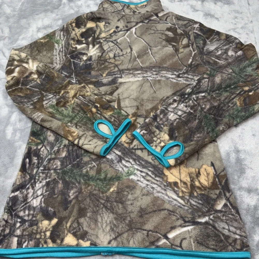 Realtree Xtra Fleece Jacket Women's Sm Full Zip Camo Teal Trim Thumb Holes